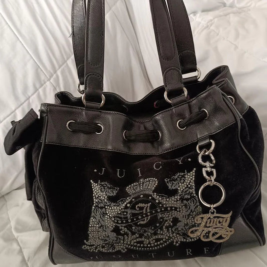 Juicy Couture Daydreamer Scottie Dog Rhinestone Black Tote Bag Purse Vintage Bow