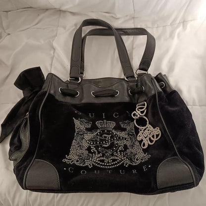 Juicy Couture Daydreamer Scottie Dog Rhinestone Black Tote Bag Purse Vintage Bow